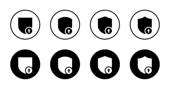 Shield with upward arrow icon set in black circle. Security update and upgrade protection symbol vector