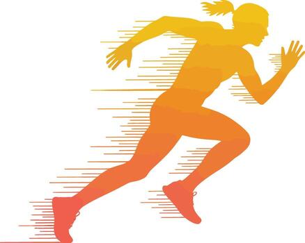 A dynamic runner silhouette illustration, black and isolated. A sprinting athlete in motion. Orange gradient and speed lines conveying velocity on transparent background. vector