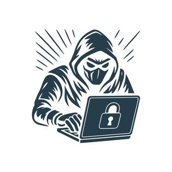 un hacker con un ordenador portátil silueta, simboliza la seguridad cibernética amenazas y digital intimidad preocupaciones en un moderno, estilizado ilustración. vector