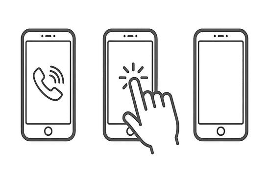 Tres teléfonos inteligentes mostrando llamada y toque Interacción íconos móvil dispositivo vector