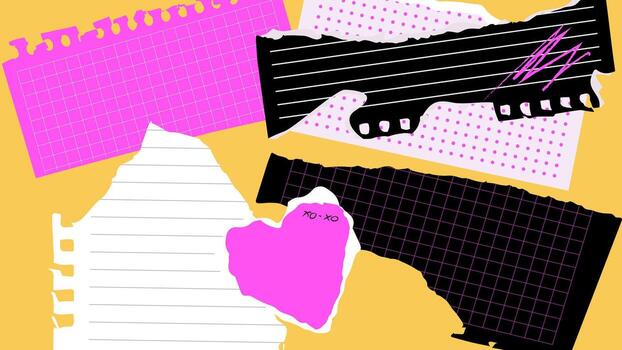 vibrant pop punk Horizontal background made of textured torn scraps of paper. bright torn scraps of paper scattered in the background, collage vector