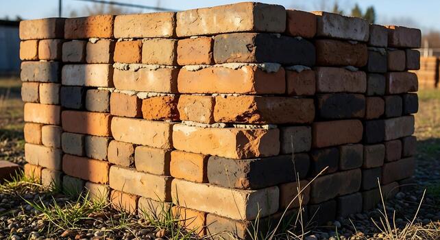 Stacked bricks forming a corner structure in an open field with grass and distant buildings visible photo