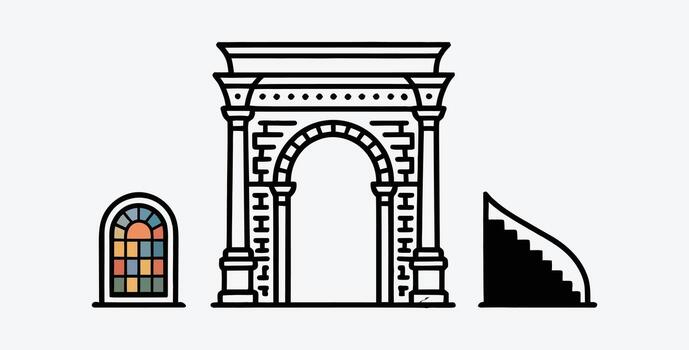 arquitectónico elementos icono conjunto arco ventana y escalera diseño vector