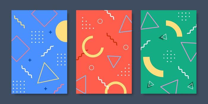 Modern Memphis posters and backgrounds with abstract geometric shapes, bright colors, simple patterns, and retro 80s feels vector