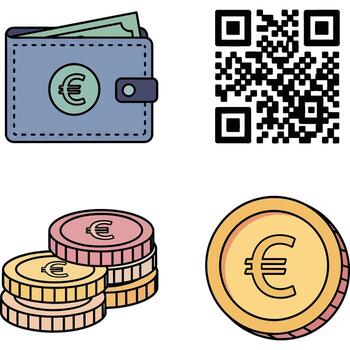 Comprehensive financial transaction icons featuring a classic wallet with euro banknotes and currency, alongside a modern QR code for digital payment solutions and diverse economic concepts vector