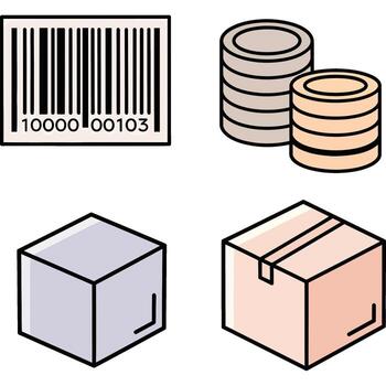 logística y Finanzas íconos código de barras, monedas, cajas - un visual guía a comercio y negocio operaciones vector