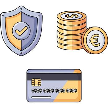 Financial security and payment methods including a shield, coins, and a credit card for financial services and transactions vector
