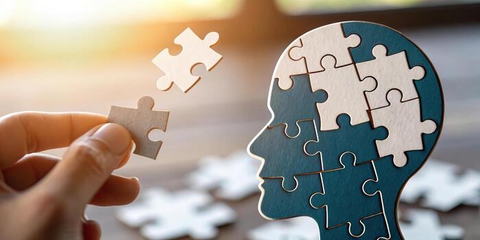 Hand holding puzzle piece to complete brain puzzle photo