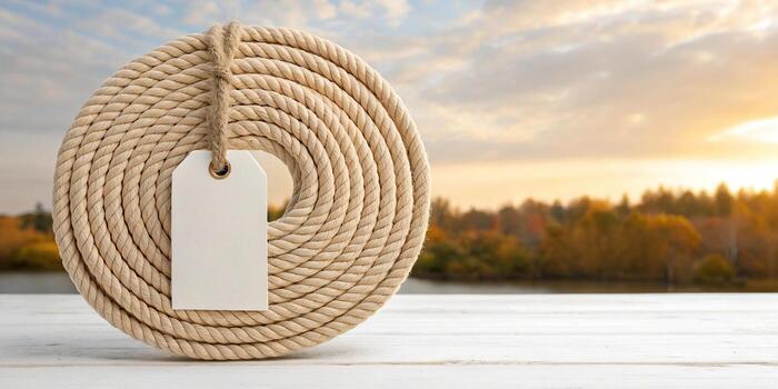 Coil of rope with blank tag on white wooden table against autumn nature photo