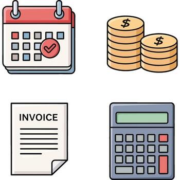 Set of essential business and finance line icons, including calendar, money, invoice, and calculator, ideal for web, app, and graphic design projects vector