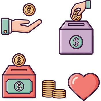 Vibrant illustrations depicting financial concepts such as saving, investing, and charitable giving, with hands, money, donation boxes, and symbols of generosity vector