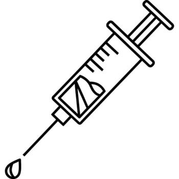 A sleek, minimalist line art illustration depicting a medical syringe with a single drop, representing health, vaccination, and essential healthcare procedures in a modern, accessible design vector