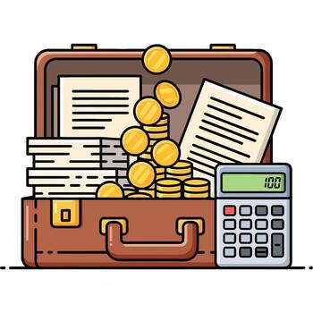 Illustration of a business briefcase overflowing with coins and documents, next to a calculator vector