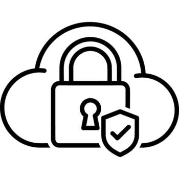 Conceptual line art illustration representing robust cloud security, data privacy, and secure digital infrastructure with a protective padlock and verified shield icon vector