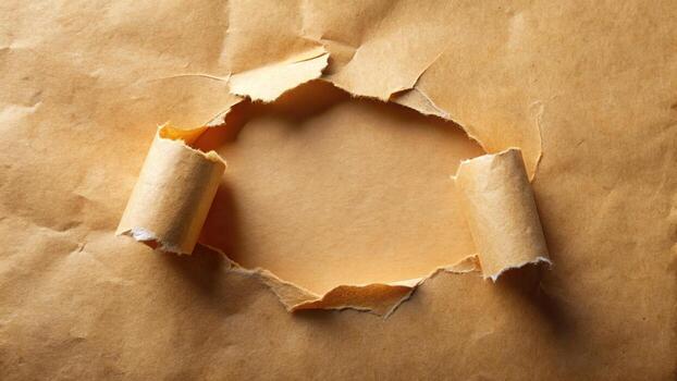 Torn brown paper with a hole in the middle photo