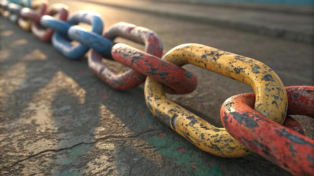 Close up of a colorful and weathered metal chain photo