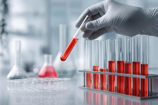 Lab technician conducting experiments with red liquid samples in a modern laboratory setting photo