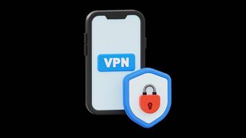 3d Móvel vpn segurança escudo animação, alfa canal, transparente fundo video
