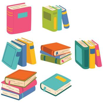 Set various books open closed lying piles isolated illustration on white background vector