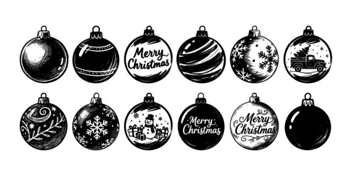 Set of twelve hand-drawn Christmas ornaments with festive patterns and lettering in monochrome style on white background, symbolizing holiday cheer vector