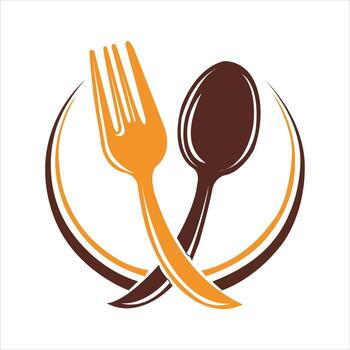 estilizado naranja tenedor y marrón cuchara cruzado dentro marrón y naranja arcos en blanco antecedentes cuchillería vector