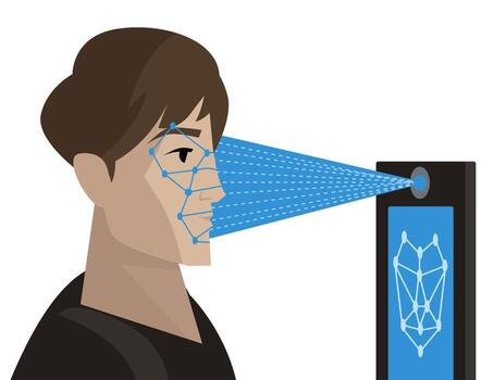 User interacting with facial recognition technology vector