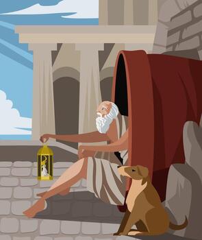Philosopher holding lantern sitting with dog vector
