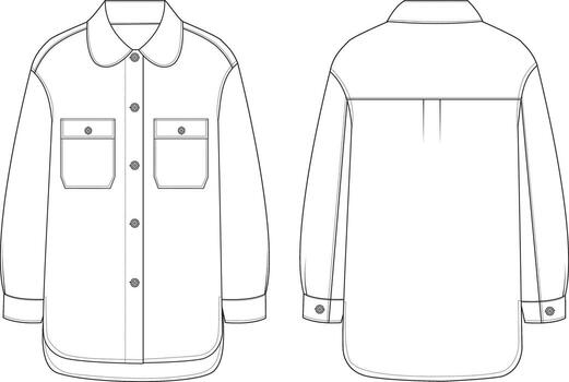 Flat Sketch of Button-Down Shirt with Double Pockets and Rounded Collar Technical Drawing Front and Back vector