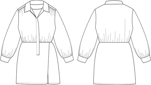 Flat Sketch of Long Sleeve Dress with Waist Elastic and Button Closure Technical Drawing Front and Back vector