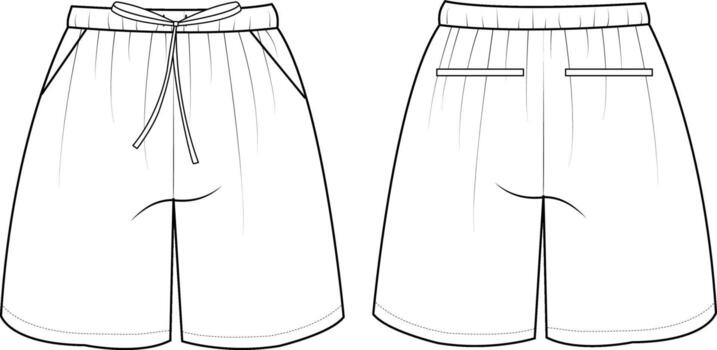 Flat Sketch of Drawstring Shorts with Side Pockets Technical Drawing Front and Back vector