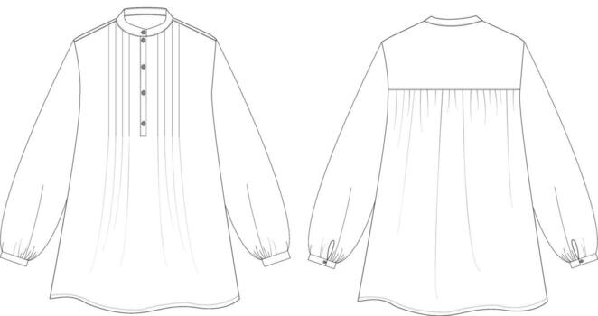 Flat Sketch of Long Sleeve Tunic with Pleated Front and Button Detail Technical Drawing Front and Back vector