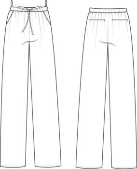 Flat Sketch of Drawstring Wide-Leg Pants with Side Pockets Technical Drawing Front and Back vector