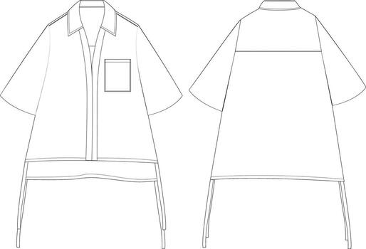 Flat Sketch of Oversized Shirt with Front Pocket and Drawstring Hem Technical Drawing Front and Back vector