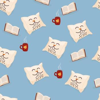 Seamless pattern with cozy pillow cat mug and open book vector