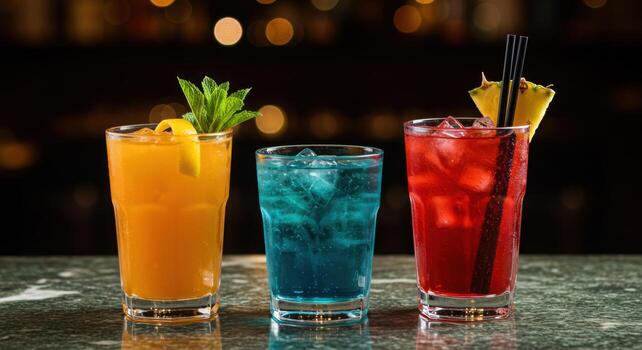 Three colorful refreshing cocktails with ice garnishes and mint presented on a reflective surface photo