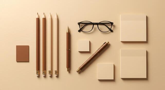 Flat lay of stationery and glasses showing a productive workspace setup with pens notebooks and eyeglasses photo