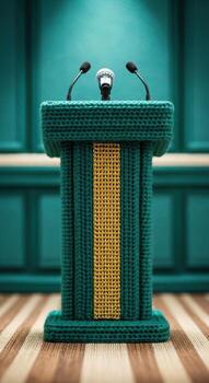 un verde podio con un oro acento y micrófonos en un a rayas superficie foto