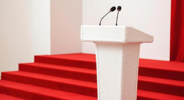 A white podium with microphones on a stage with red carpeted stairs photo