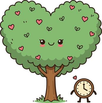 cute tree with hearts around it and a clock vector