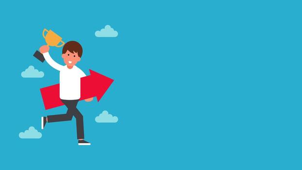 An illustration of a man running above the clouds, holding a trophy and a large arrow pointing forward. This visual symbolizes progress and the spirit of achieving goals. vector
