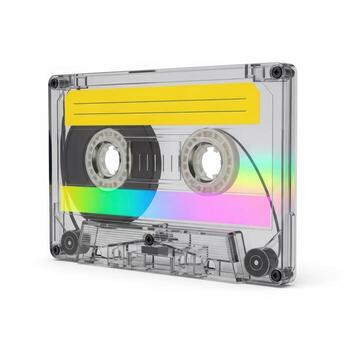 Retro cassette tape with colorful reflections on white background photo