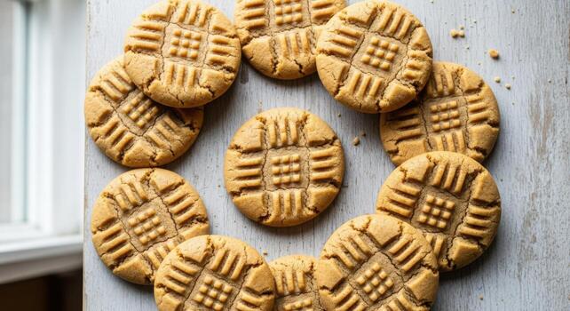 Classic peanut butter cookies arranged in a circle photo