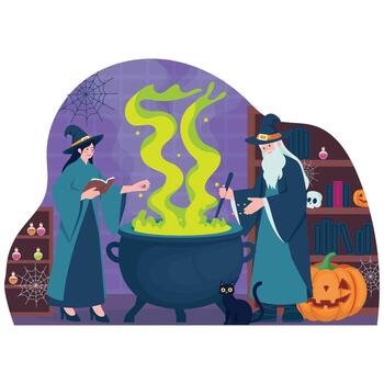 A witch and a wizard brew a glowing green potion in a large cauldron inside a spooky room with bookshelves, spider webs, a black cat, and a carved pumpkin. vector