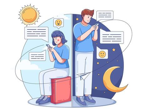 two people communicating with phone in different time zones. With a background of day and night, representing long distance communication, online chat, messaging, social media, digital connection vector