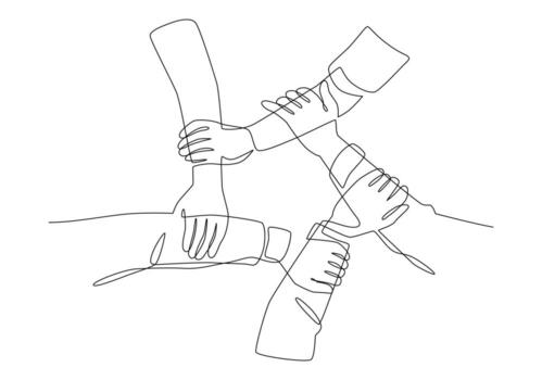 Minimalist continuous line drawing, Hands of a team of five business people clasping their wrists together, symbol of teamwork, illustration. vector