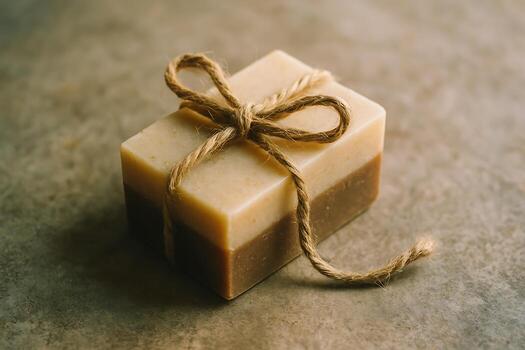 Two-Toned Soap Bar Tied with Twine on Textured Surface - Generated using AI photo