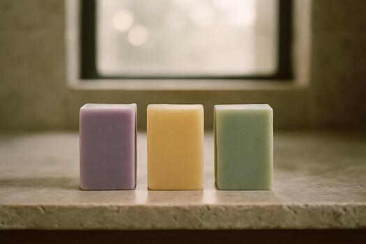 Three colorful soaps in a row against a neutral background - Generated using AI photo