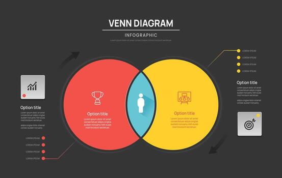 Venn diagram business infographic circle chart template 3 parts options, presentation with venn diagram elements illustration. vector