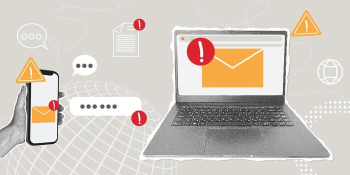 Trendy halftone collage. Phishing scam warning. Email and mobile phone alerts. Data breach concept, hacking attempts, online security. vector