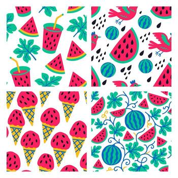 Set of bright seamless patterns with images of watermelons, birds and leaves. Simple background for printing on paper and fabric. vector